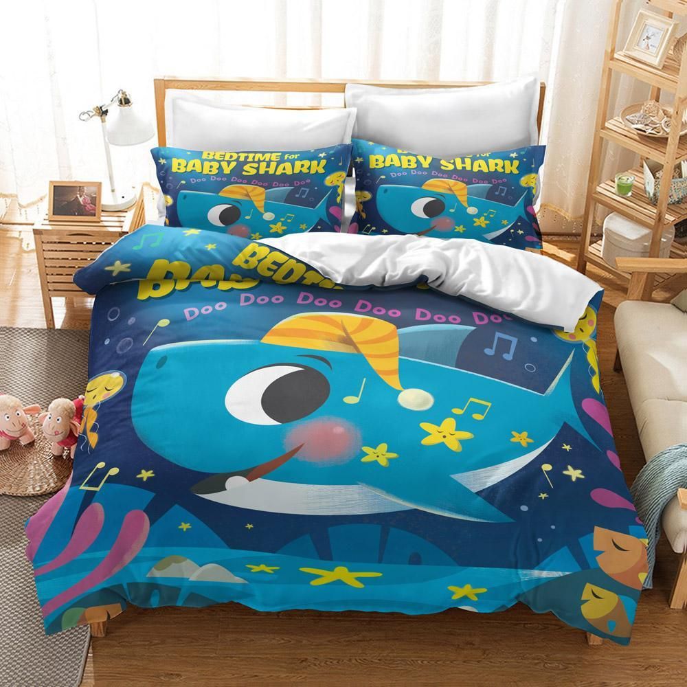 Cute Blue Baby Shark Goodnight For Kid'S Room Cover Bedding Set
