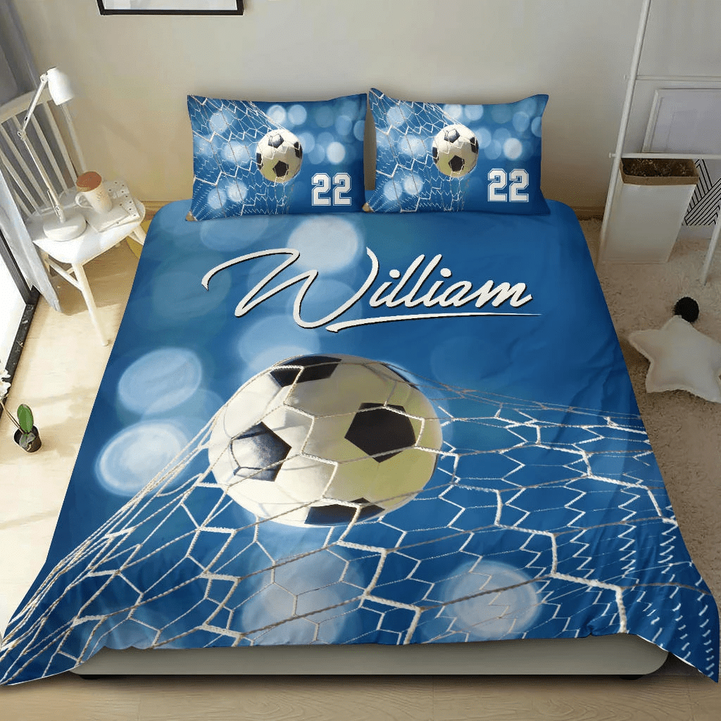 Personalized Soccer Custom Duvet Cover Bedding Set Goal Blue With Your Name