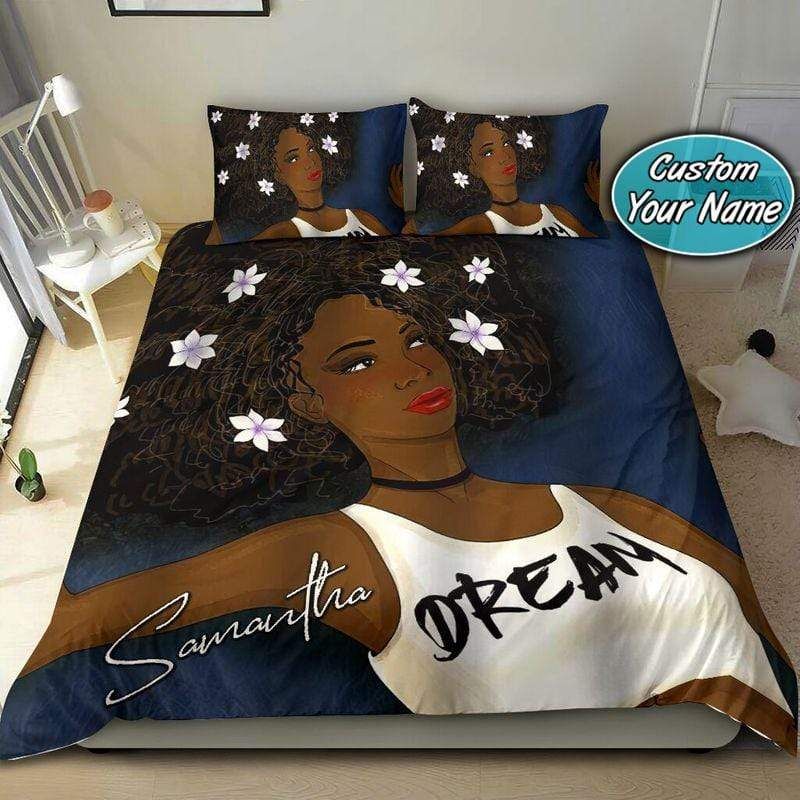 Personalized Black Girl Dream Flowers Custom Name Duvet Cover Bedding Set
