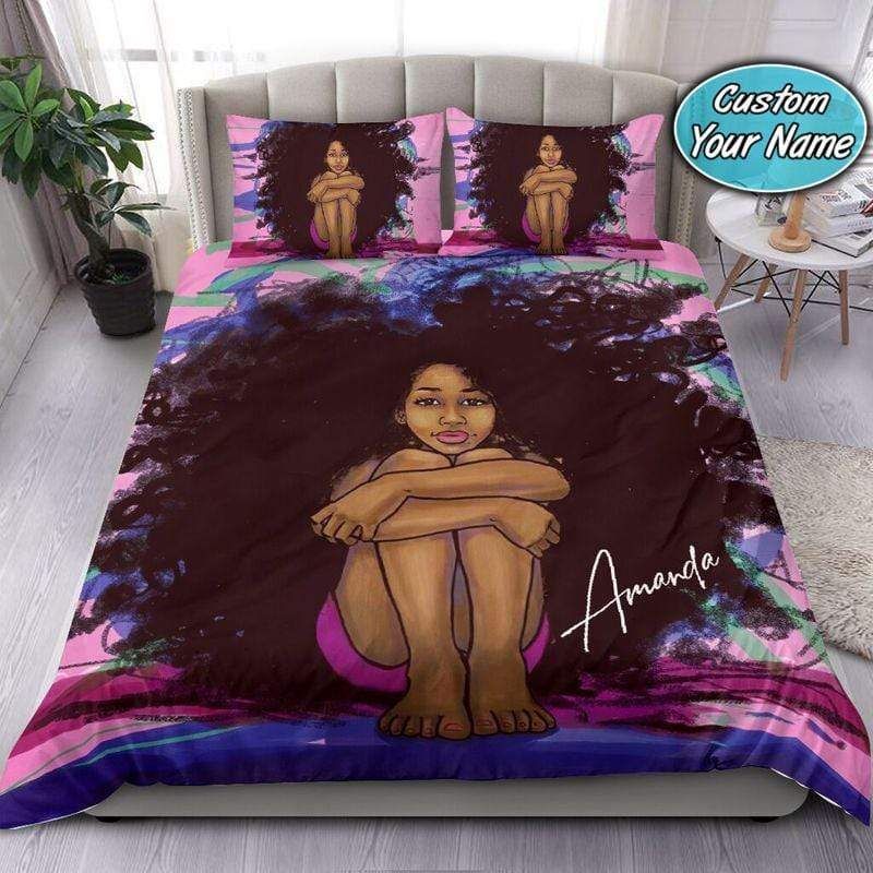 Personalized Cool Afro Black Girl Duvet Cover Bedding Set Custom Name