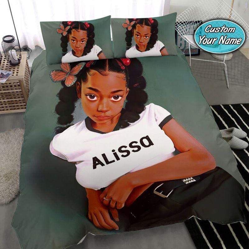 Personalized African Pure Black Teen Girl Custom Name Duvet Cover Bedding Set