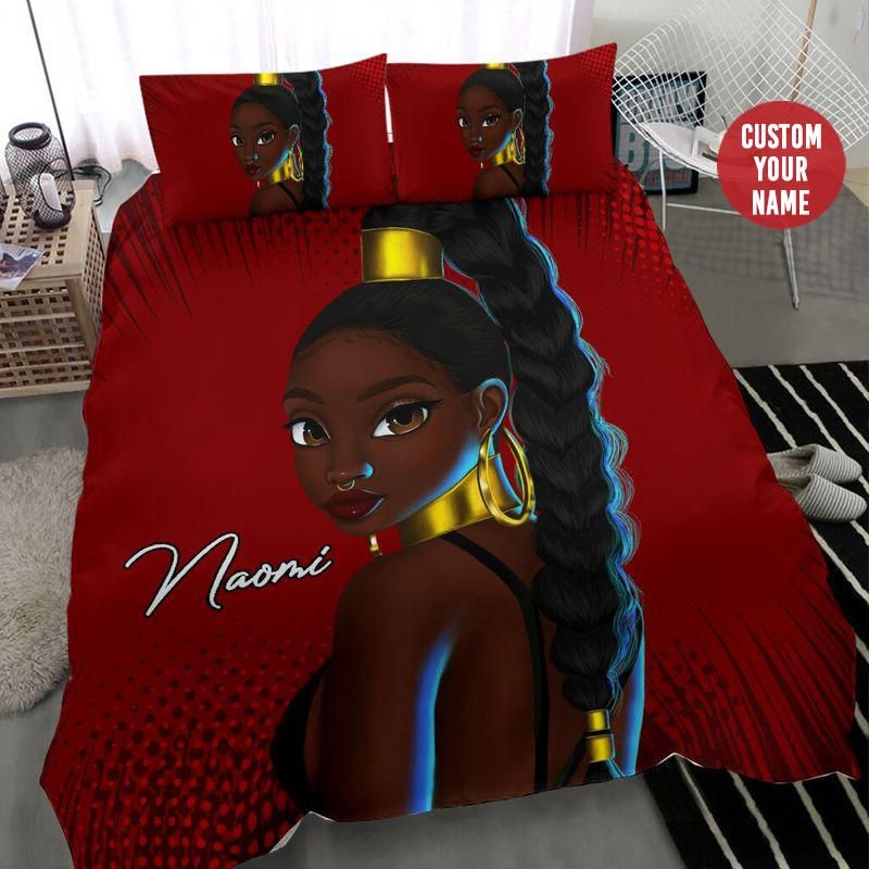 Personalized African Pretty Girl Long Hair Custom Name Duvet Cover Bedding Set