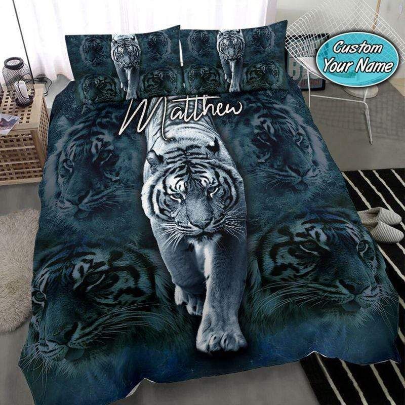 Personalized White Tiger Walking Custom Name Duvet Cover Bedding Set