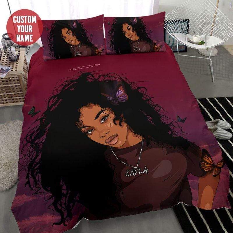 Personalized Black Girl Purple Butterfly Custom Name Duvet Cover Bedding Set