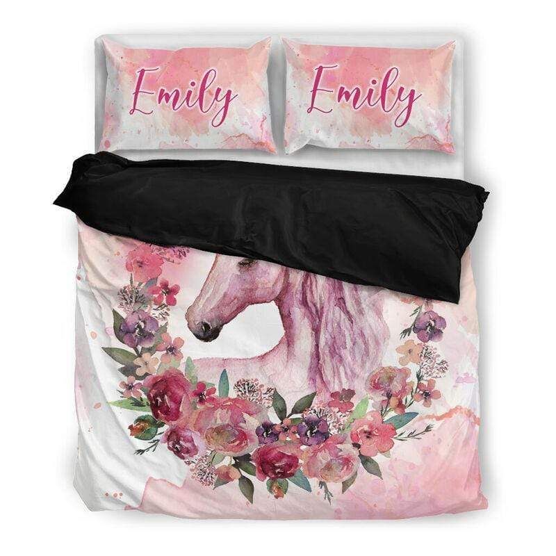 Personalized Custom Duvet Cover Pink Flower Unicorn Bedding Set With Your Name