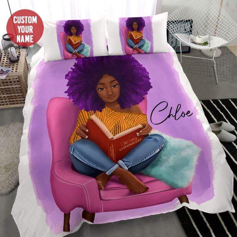 Personalized Black Girl Purple Reads Book Custom Name Duvet Cover Bedding Set