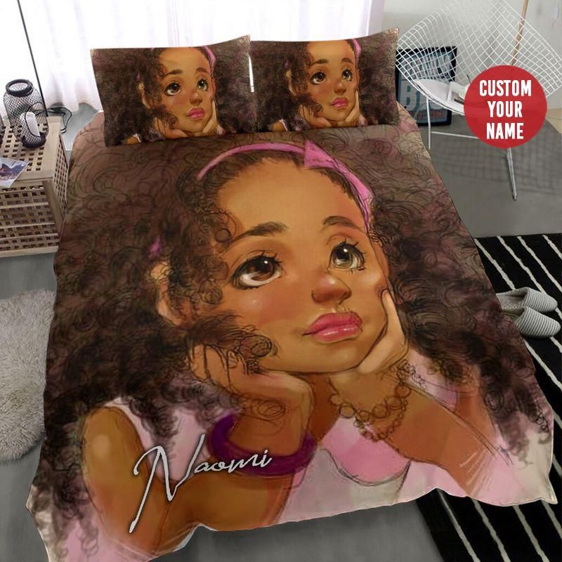 Personalized Curious Little Angel Black Baby Girl Custom Name Duvet Cover Bedding Set