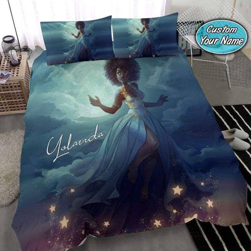 Personalized Black Girl In The Sky Custom Name Duvet Cover Bedding Set