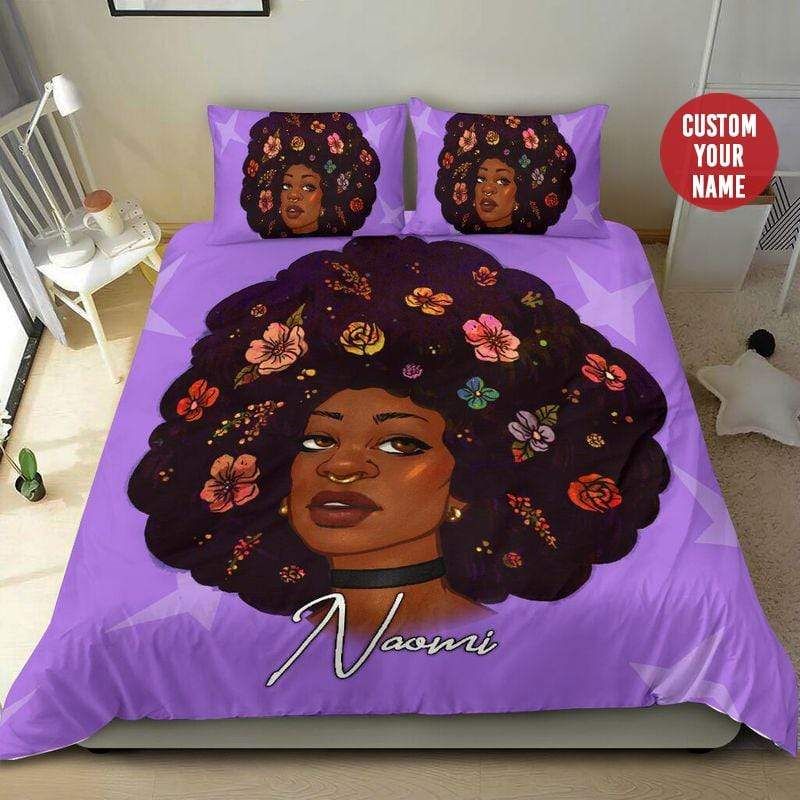 Personalized African Proud Natural Hair Afro Black Girl Magic Flowers Custom Name Duvet Cover Bedding Set