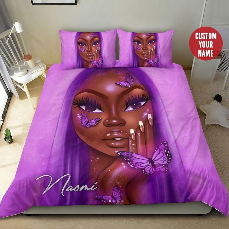 Personalized So Cool Butterfly Dreamy Black Girl Magic Aesthetic Purple Custom Name Duvet Cover Bedding Set