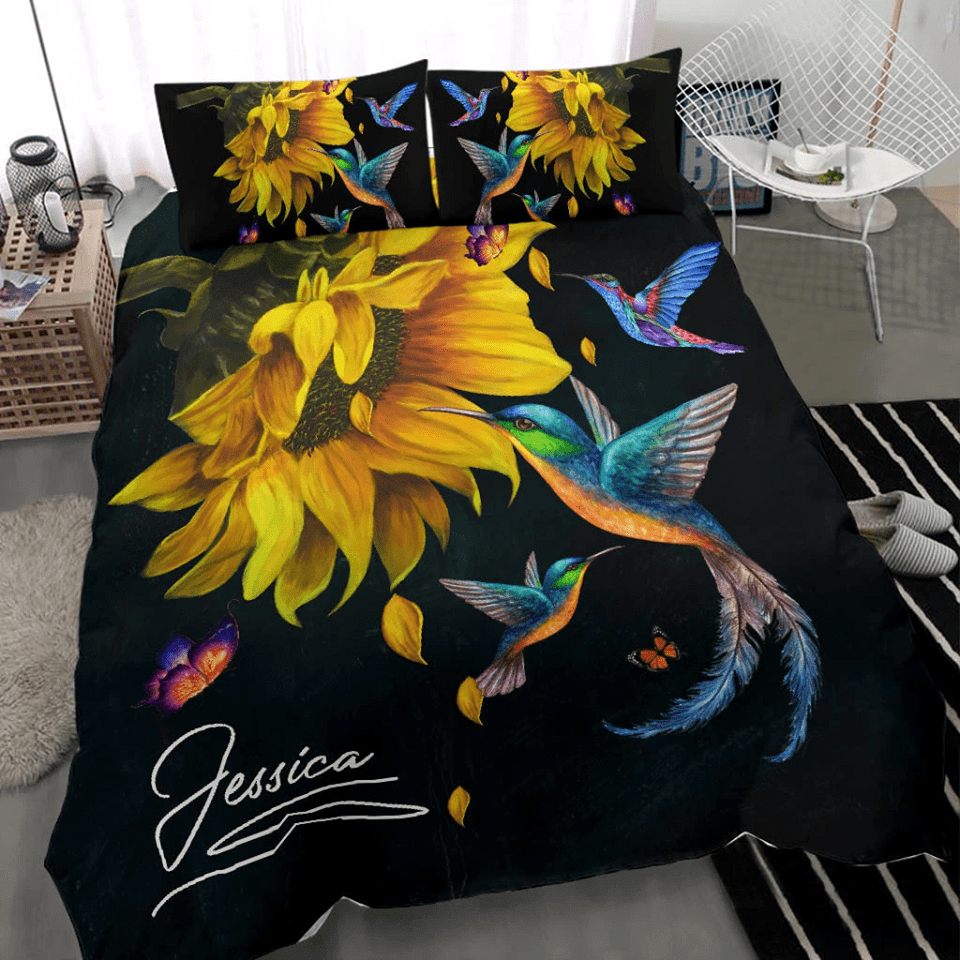 Personalized Sunflower Hummingbird Custom Duvet Cover Bedding Set With Your Name