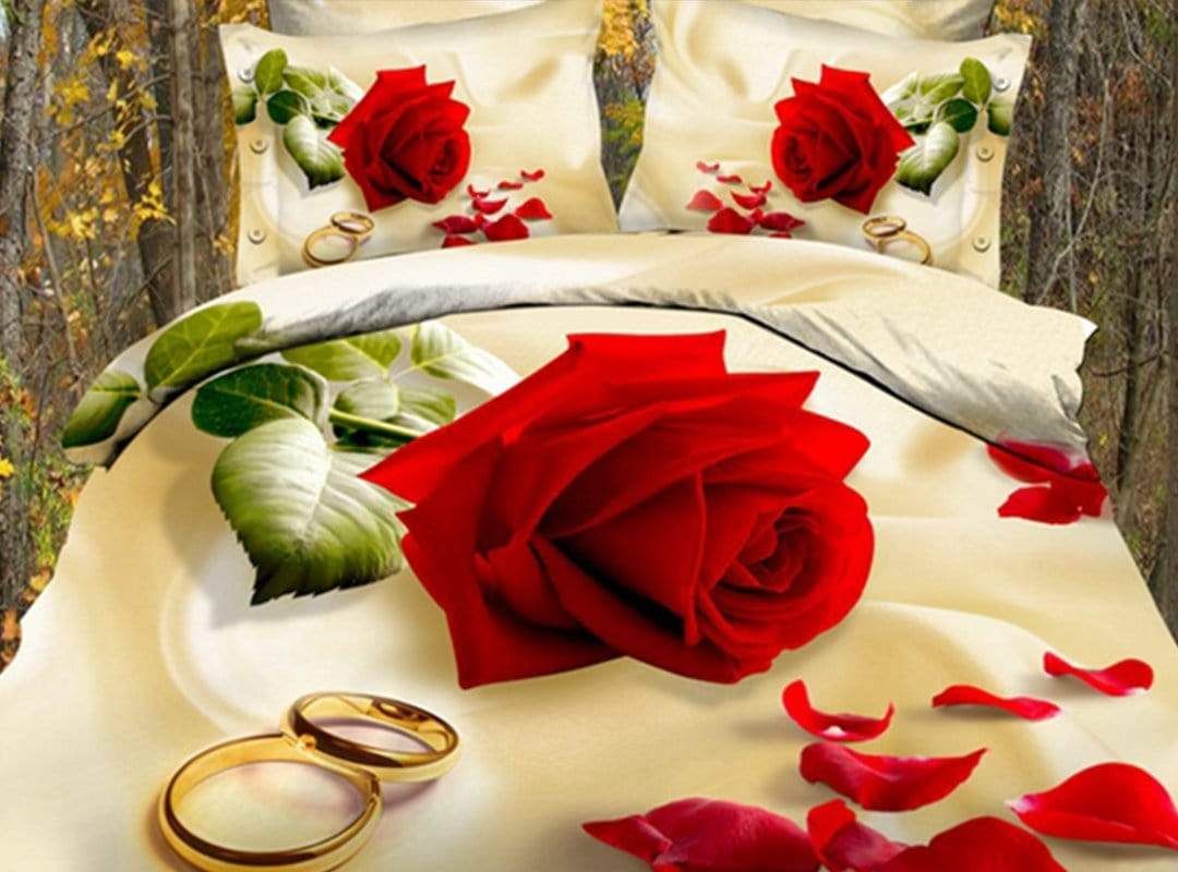 Honeymoon Couple Red Rose Duvet Cover Bedding Set