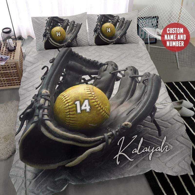 Personalized Softball Ball And Glove Grey Background Custom Duvet Cover Bedding Set With Your Name And Number