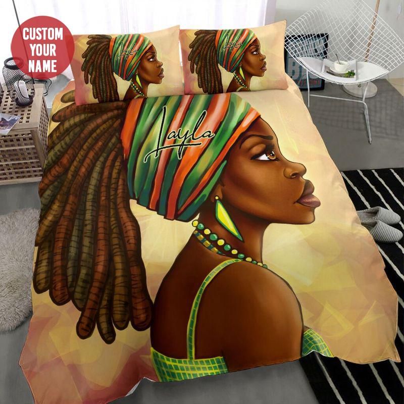 Personalized Loc Hair Black Girl Art Custom Name Duvet Cover Bedding Set