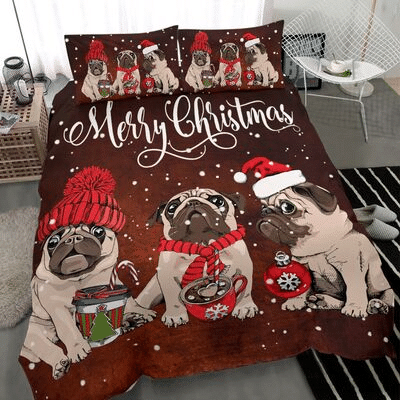 Christmas With Pug Dog Duvet Cover Bedding Set