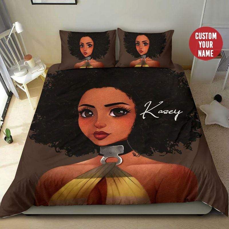 Personalized Pretty Black Girl Afro Hair Custom Name Duvet Cover Bedding Set