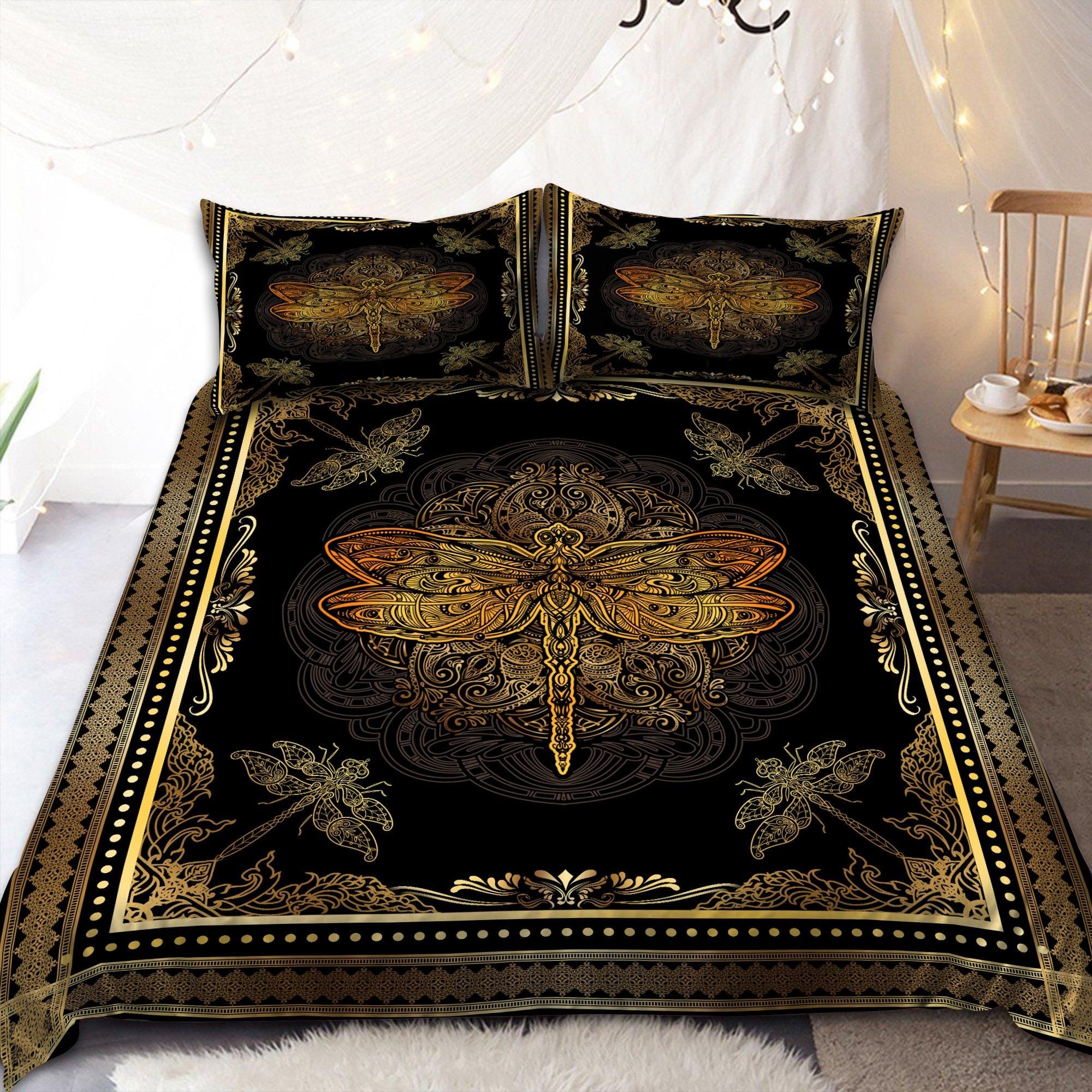 Dragonfly Gold And Black Duvet Cover Bedding Set