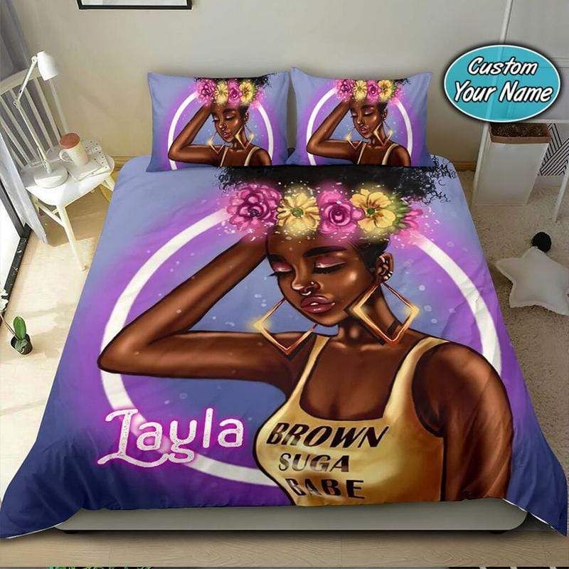 Personalized Black Girl Flower Headband Bedding Custom Name Duvet Cover Bedding Set