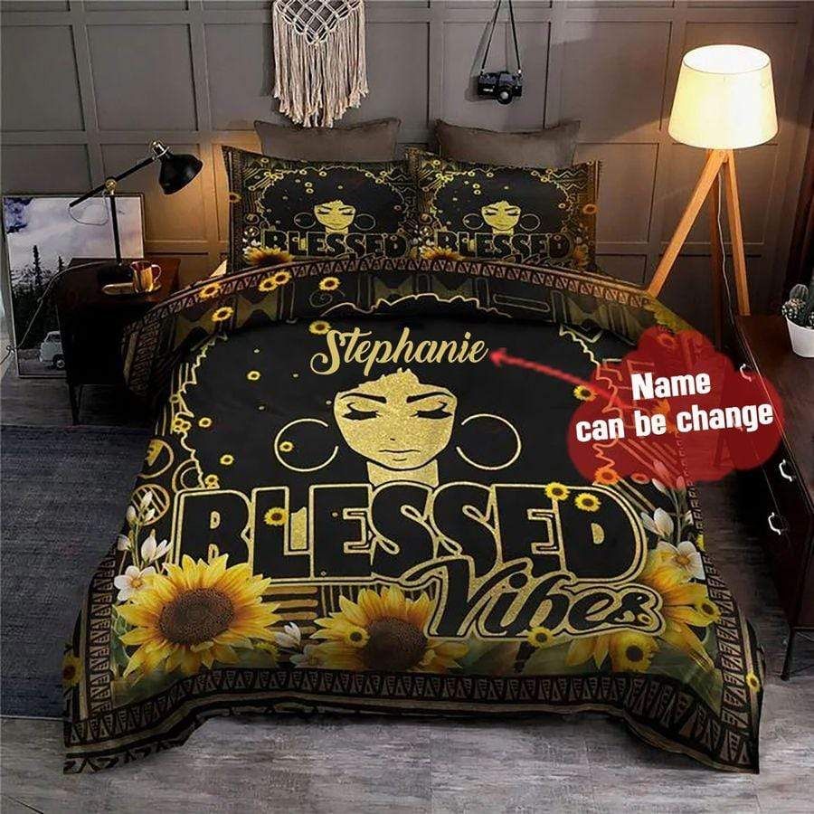 Personalized Black Girl Blessed Vibes Custom Name Duvet Cover Bedding Set PANBED0044