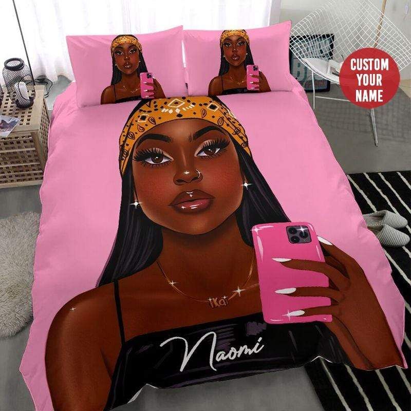 Personalized African American Black Girl Pink Phone Bedding Custom Name Duvet Cover Bedding Set