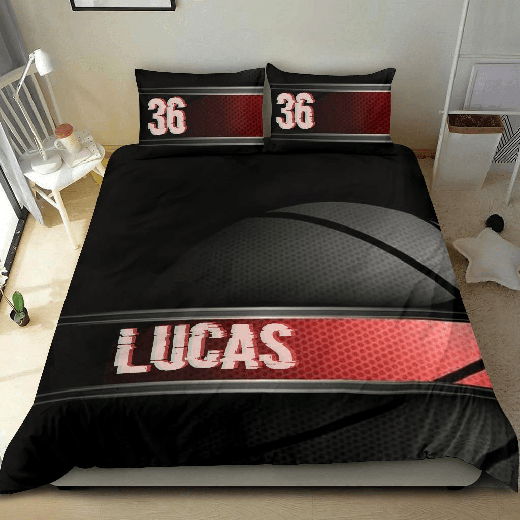 Personalized Basketball Red And Black Duvet Cover Bedding Set With Your Name And Number