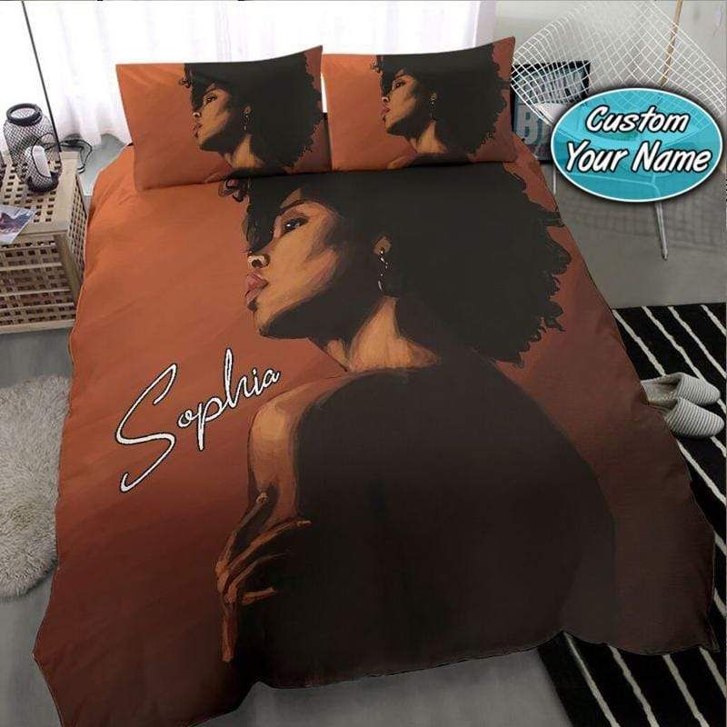 Personalized Black Gorgeous Woman Brown Bedding Custom Name Duvet Cover Bedding Set