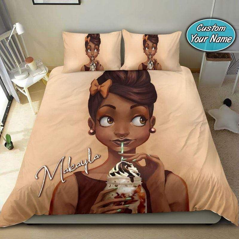 Personalized Black Girl Drink Chocolate Custom Name Duvet Cover Bedding Set