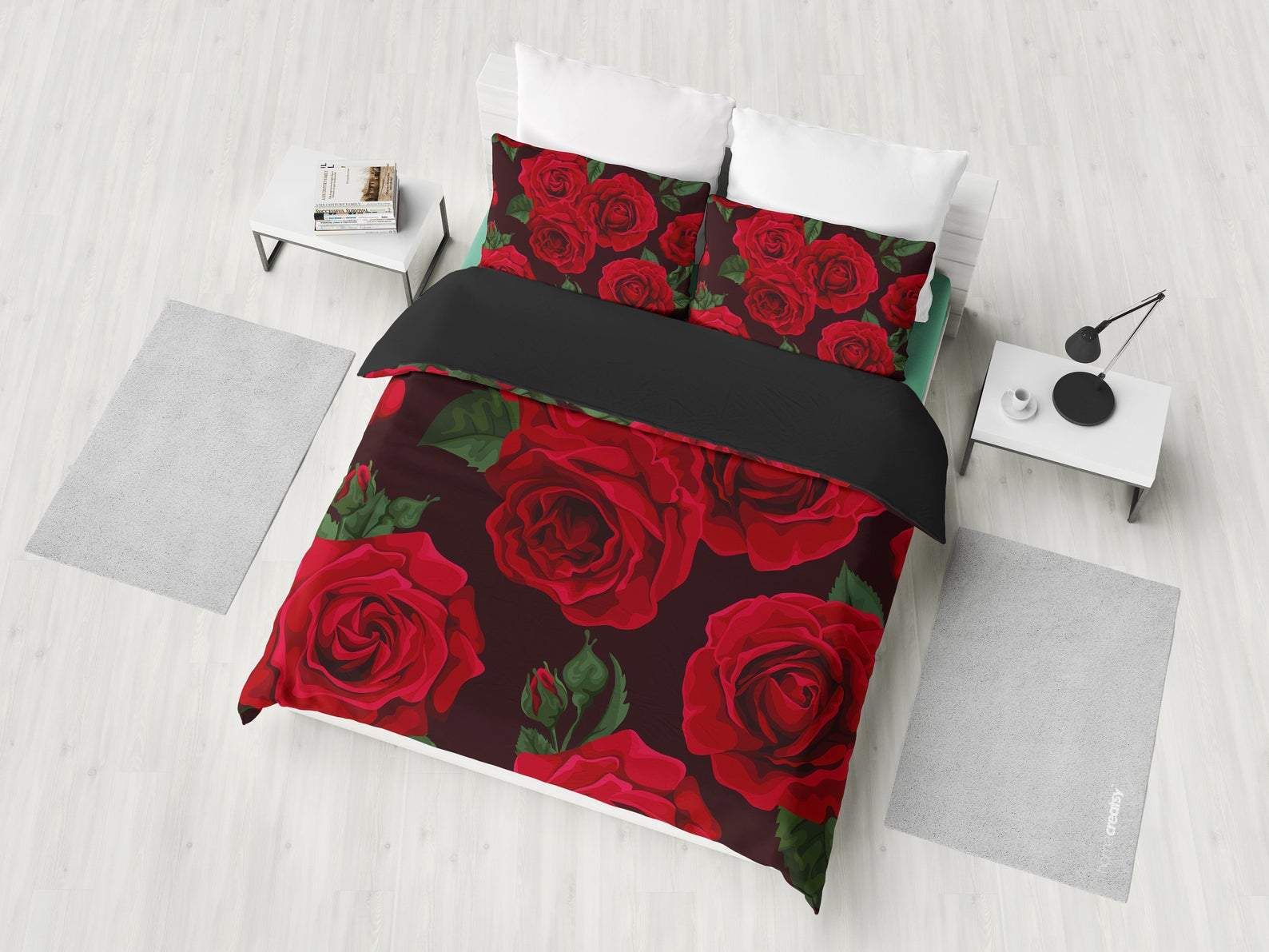 Red Roses Flowers Floral Black Duvet Cover Bedding Set