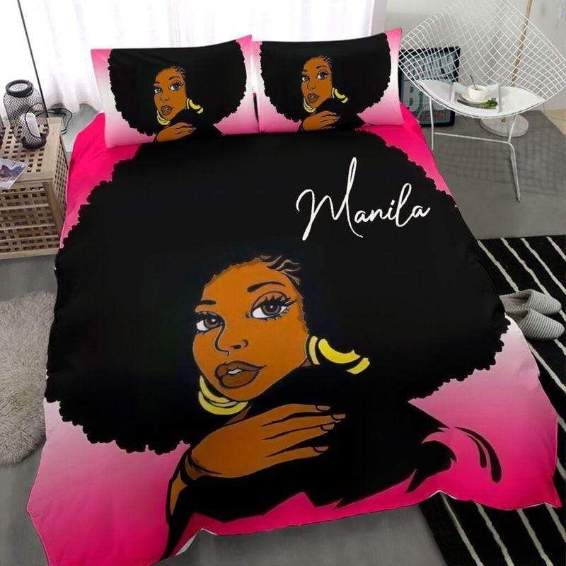 Personalized Black Woman Pink Background Custom Name Duvet Cover Bedding Set