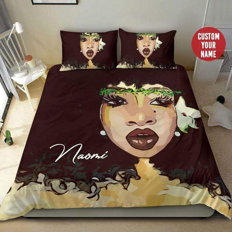 Personalized Black Girl Afro Watercolor Bedding Custom Name Duvet Cover Bedding Set