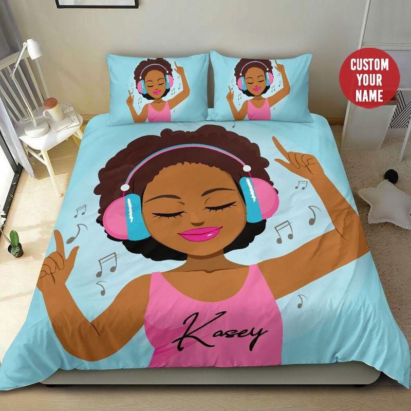 Personalized Music Black Girl Headphone Custom Name Duvet Cover Bedding Set