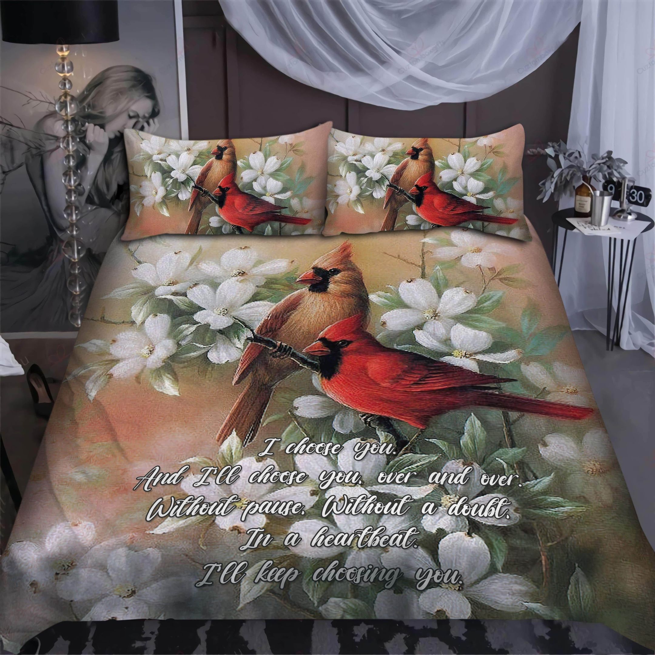 I Choose You Cardinal Couple And Flowers Duvet Cover Bedding Set