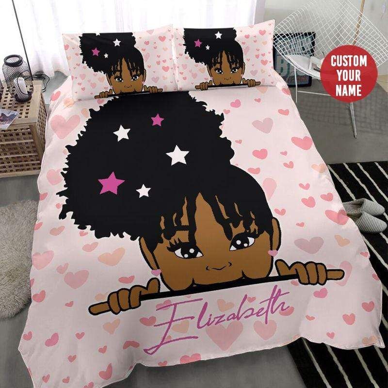 Personalized Black Little Girl Afro Heart Star Bedding Custom Name Duvet Cover Bedding Set