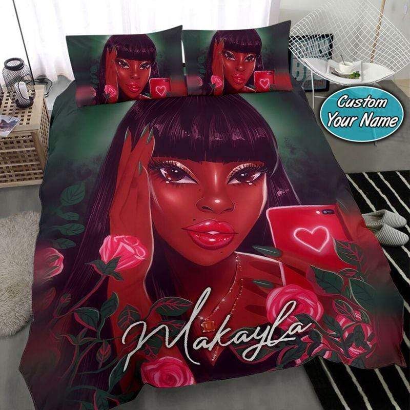 Personalized Bad And Boujee Black Girl Red Rose Custom Name Duvet Cover Bedding Set