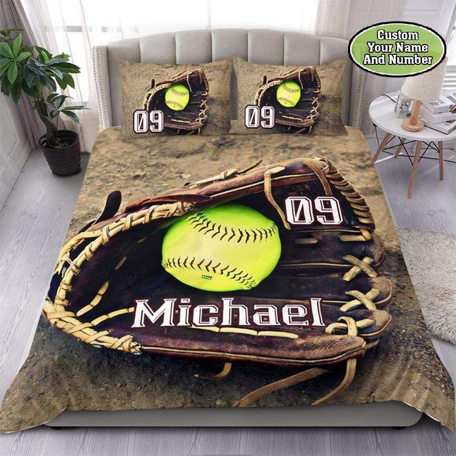 Personalized Softball Glove And Ball Ground Custom Duvet Cover Bedding Set With Your Name