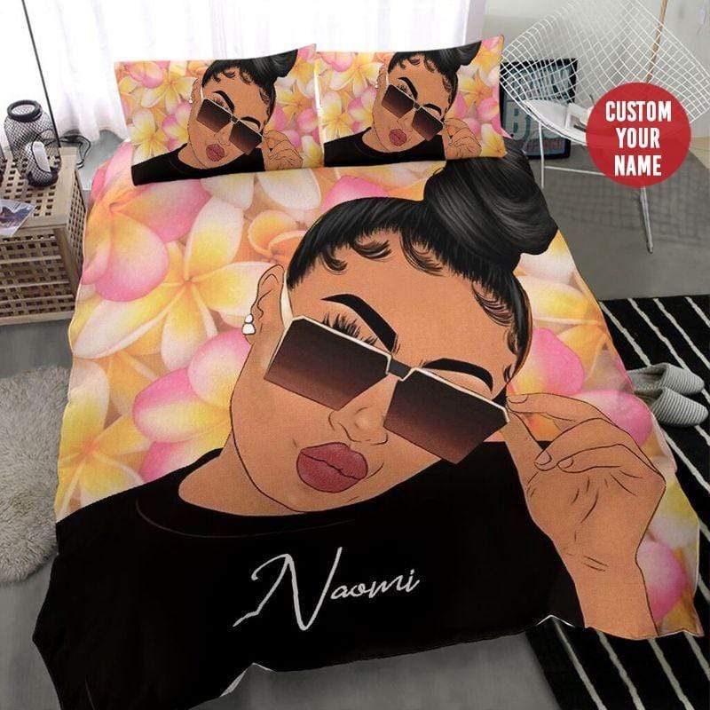 Personalized African American Black Girl Flower Background Bedding Custom Name Duvet Cover Bedding Set