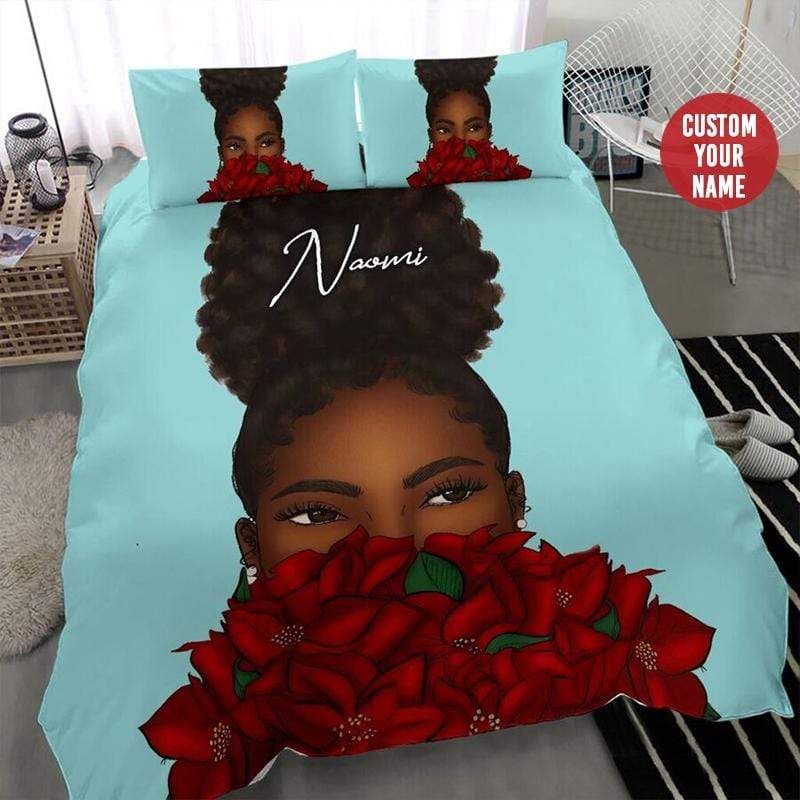 Personalized Black Girl Afro Red Flower Custom Name Duvet Cover Bedding Set