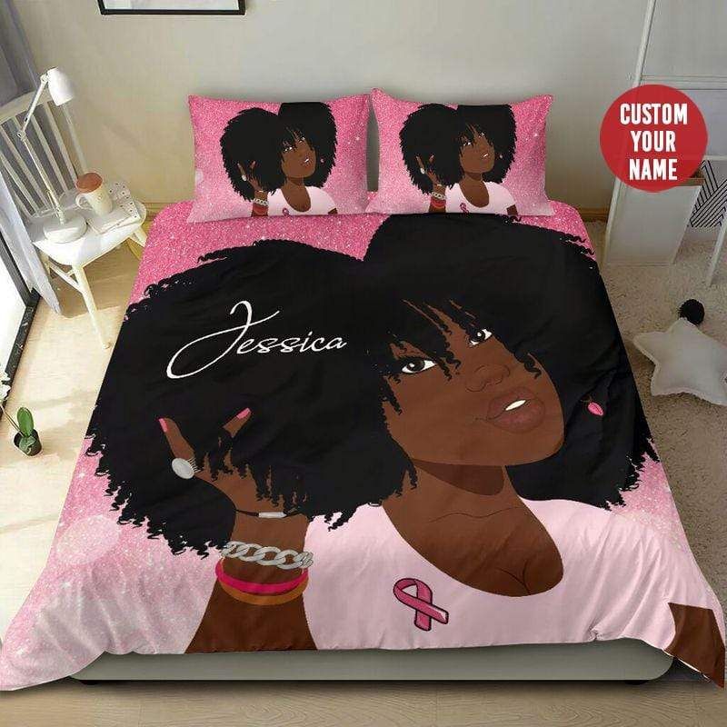 Personalized Black Girl Pink Cancer Custom Name Duvet Cover Bedding Set