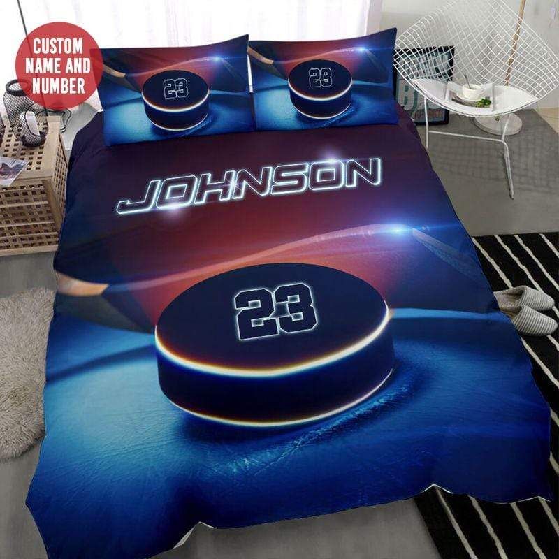 Personalized Hockey Puck Light Custom Duvet Cover Bedding Set With Your Name And Number
