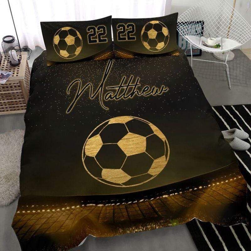 Personalized Soccer Gold Ball Custom Duvet Cover Bedding Set With Your Name And Number