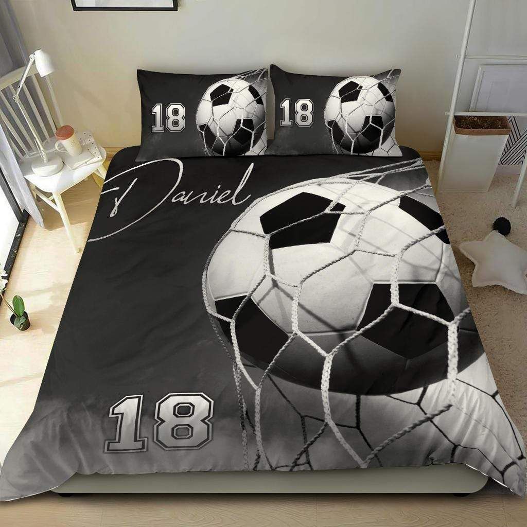 Personalized Soccer Custom Duvet Cover Bedding Set Black And White With Your Name