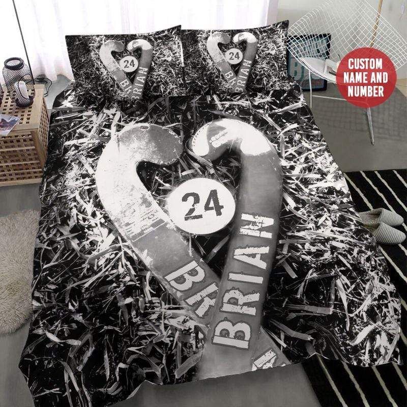 Personalized Hockey Sticks And Puck Black White Custom Duvet Cover Bedding Set With Your Name