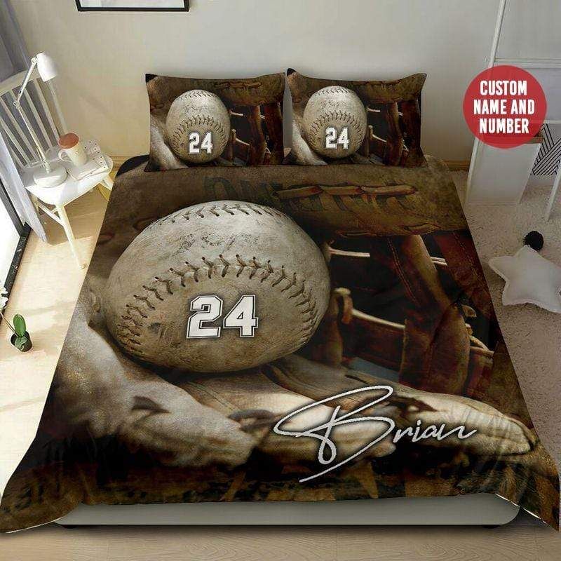 Personalized Baseball Ball And Glove Background Custom Duvet Cover Bedding Set With Your Name And Number