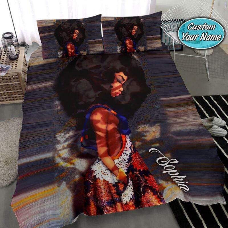 Personalized Black Girl Walking Custom Name Duvet Cover Bedding Set