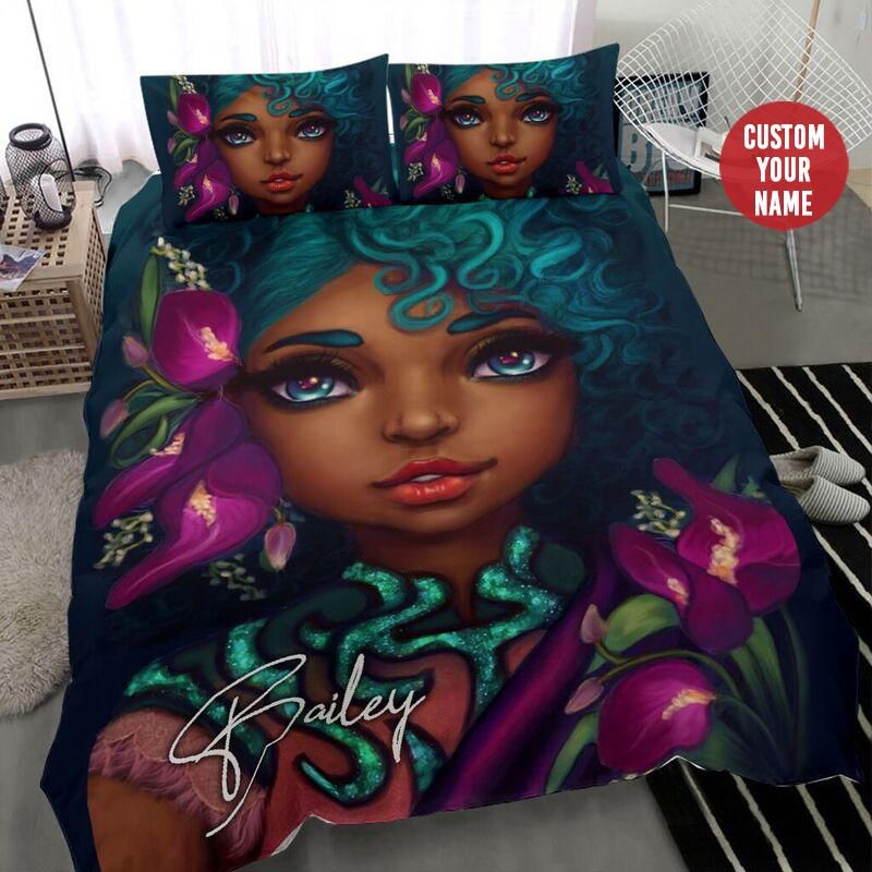 Personalized Black Girl Curly Cyan Hair Custom Name Duvet Cover Bedding Set