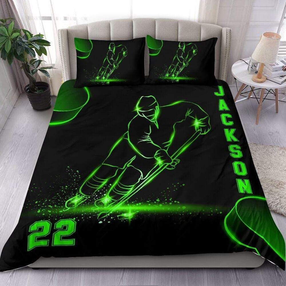 Personalized Hockey Custom Duvet Cover Bedding Set Neon With Your Name
