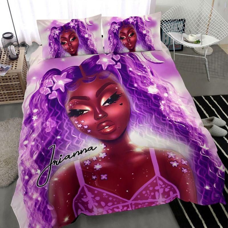 Personalized Black Girl All Purple Custom Name Duvet Cover Bedding Set