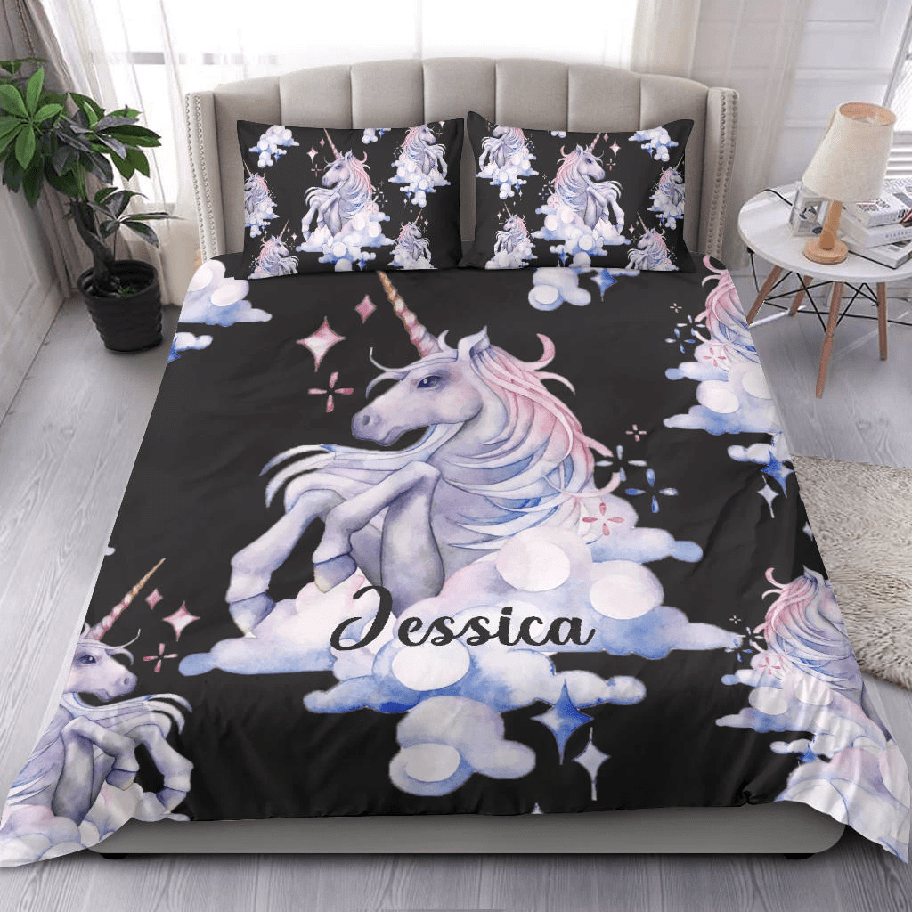 Personalized Black Unicorn Custom Name Duvet Cover Bedding Set