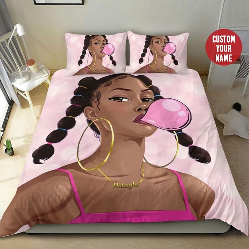 Personalized So Cool Bubble Gum Black Girl Custom Name Duvet Cover Bedding Set