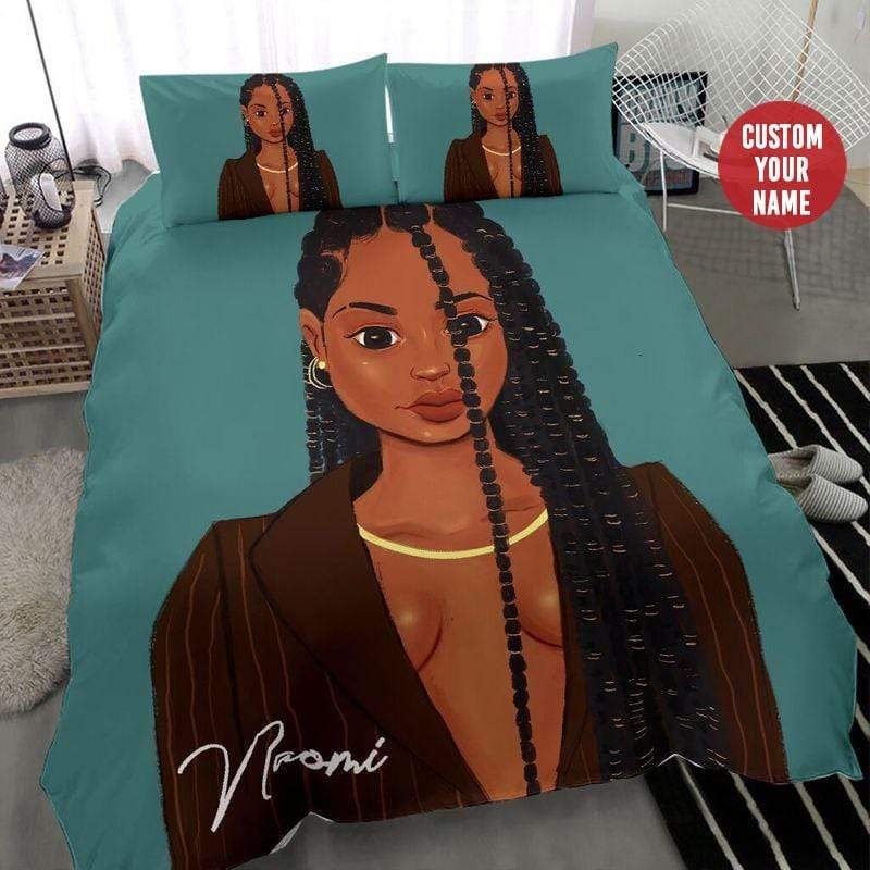 Personalized Black Sassy Girl Long Braid Hair Custom Name Duvet Cover Bedding Set